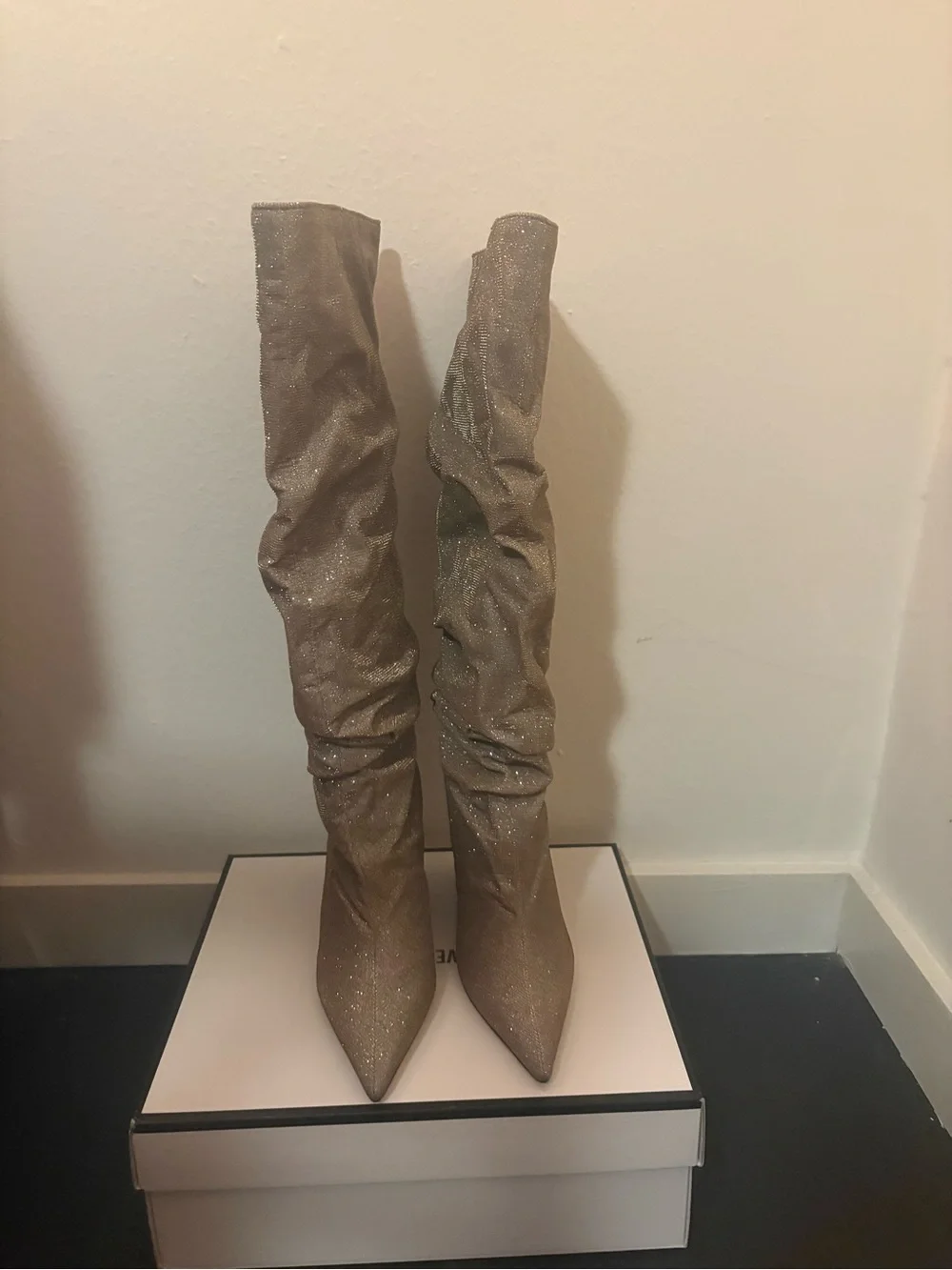 NEW Steve Madden gold Distortion knee-high slouch wedge boots